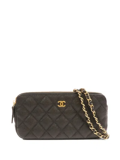 Pre-owned Chanel Cc-logo Double-zip Clutch Bag In Black