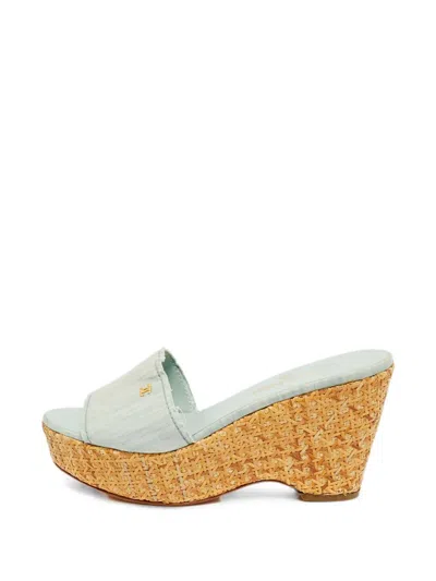 Pre-owned Chanel Cc-logo Wedge Sandals In Blue