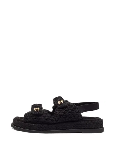 Pre-owned Chanel Cc-motif Crochet Sandals In Black