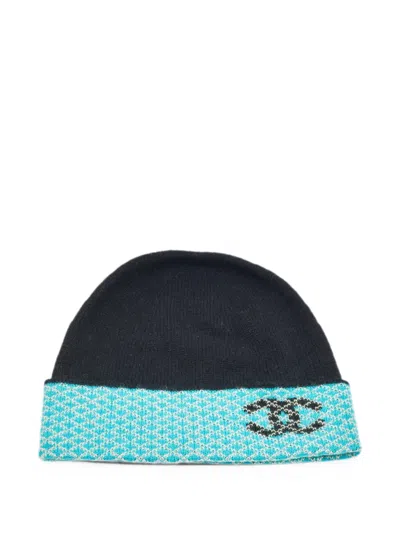 Pre-owned Chanel Cc-motif Knit Beanie Hat In Black