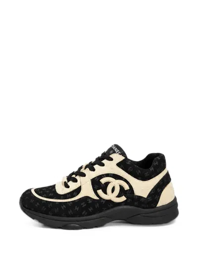 Pre-owned Chanel Cc-pattern Suede Sneakers In Black