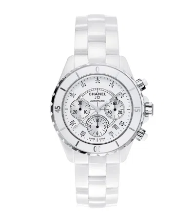 Pre-owned Chanel Ceramic And Diamond J12 Chronograph Watch In White