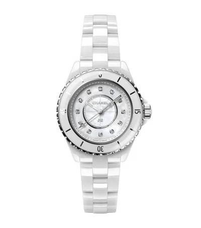 Pre-owned Chanel Ceramic And Diamond J12 Watch In White