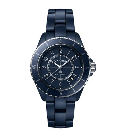 Pre-owned Chanel Ceramic And Steel J12 Calibre 12.1 Watch In Blue