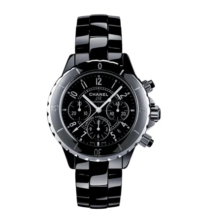 Pre-owned Chanel Ceramic And Steel J12 Chronograph Watch In Black