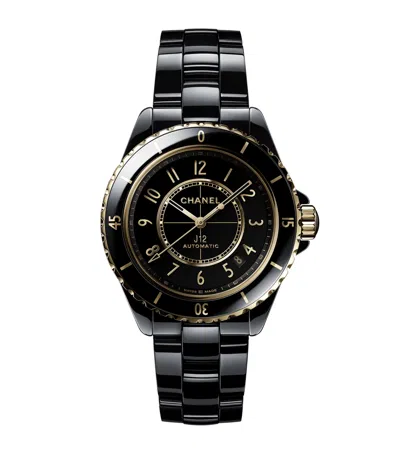 Pre-owned Chanel Ceramic And Yellow Gold J12 Watch In Black