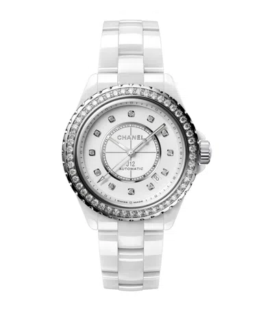 Pre-owned Chanel Ceramic, Steel And Diamond J12 Calibre 12.1 Watch In White