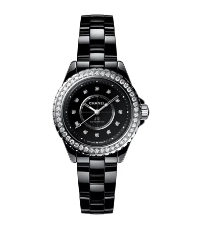 Pre-owned Chanel Ceramic, Steel And Diamond J12 Calibre 12.2 Watch In Black