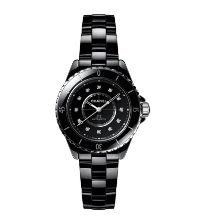 Pre-owned Chanel Ceramic, Steel And Diamond J12 Calibre 12.2 Watch In Black