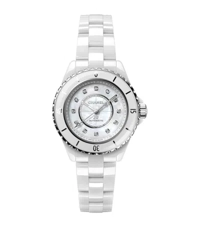 Pre-owned Chanel Ceramic, Steel And Diamond J12 Calibre 12.2 Watch In White