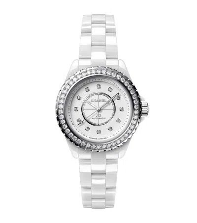 Pre-owned Chanel Ceramic, Steel And Diamond J12 Diamond Bezel Watch Calibre 12.2 In White