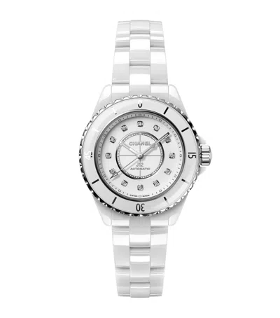 Pre-owned Chanel Ceramic, Steel And Diamond J12 Watch Calibre 12.2 In White