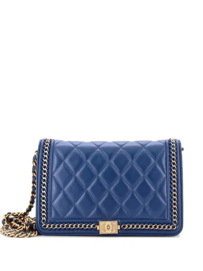 Pre-owned Chanel Chain Around Boy Wallet On Chain Quilted Lambskin Shoulder Bag In Blue