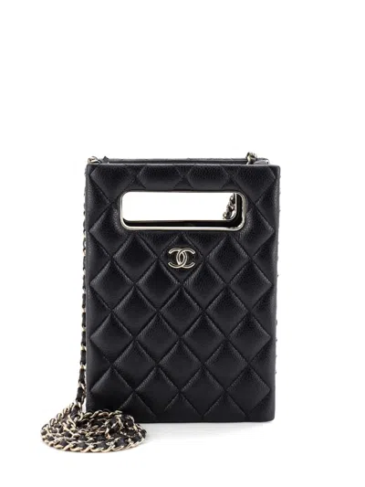 Pre-owned Chanel Chain Around Cut Out Handle Evening Tote Quilted Caviar Mini Crossbody Bag In Black
