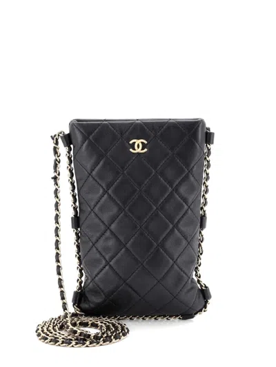 Pre-owned Chanel Chain Around Flat Phone Holder Quilted Lambskin Crossbody Bag In Black