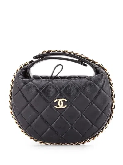 Pre-owned Chanel Chain Around Hobo Pouch Quilted Lambskin Mini Clutch Bag In Black