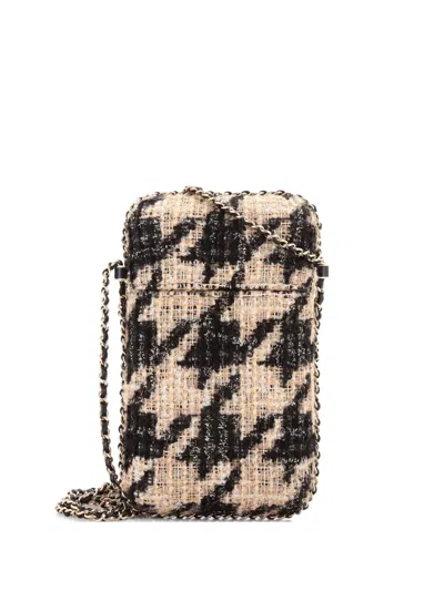 Pre-owned Chanel Chain Around Phone Holder Tweed And Ribbon Crossbody Bag In Black