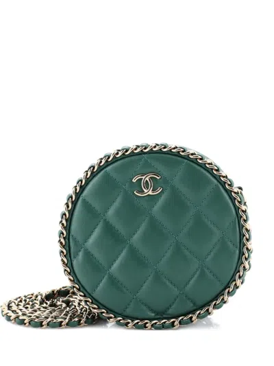 Pre-owned Chanel Chain Around Round Clutch With Chain Quilted Lambskin Crossbody Bag In Green