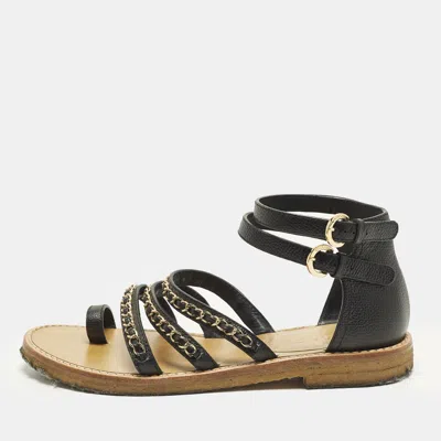 Pre-owned Chanel Chain Around Size 39.5 Black Leather Ankle Strap Sandals