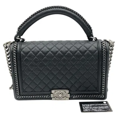Pre-owned Chanel Chain Around Top Handle Boy Bag Black Quilted Leather Flap Card Rhw
