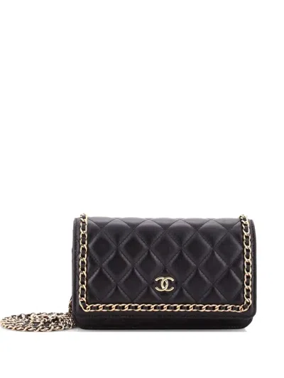Pre-owned Chanel Chain Around Wallet On Chain Quilted Lambskin Clutch Bag In Black