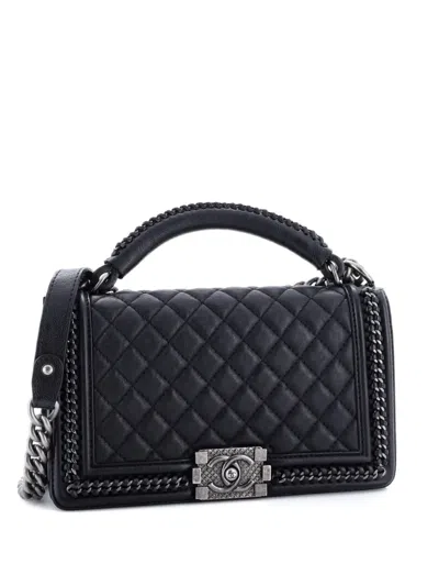 Pre-owned Chanel Chain Handle Boy Flap Bag Quilted Calfskin Old Medium Shoulder Bag In Black