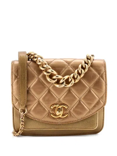 Pre-owned Chanel Chain Handle Flap Bag Quilted Calfskin With Caviar Mini Shoulder Bag In Gold