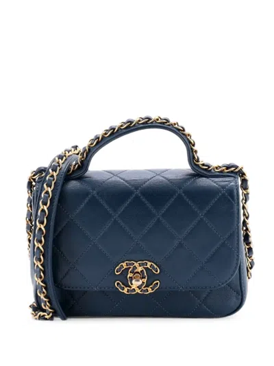Pre-owned Chanel Chain Infinity Top Handle Bag Quilted Lambskin Mini Satchel In Blue