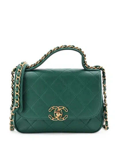 Pre-owned Chanel Chain Infinity Top Handle Bag Quilted Lambskin Mini Satchel In Green