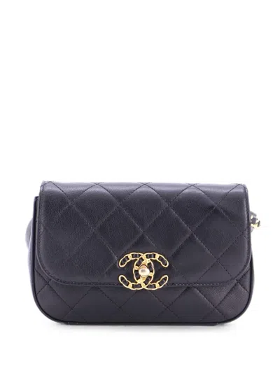 Pre-owned Chanel Chain Infinity Waist Bag Quilted Lambskin Belt Bag In Black