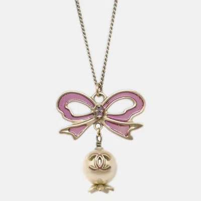 Pre-owned Chanel Chain Pendant Necklace Artificial Pearl Bow Gold
