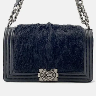 Pre-owned Chanel Chain Shoulder Bag Black Leather Fur Size 23