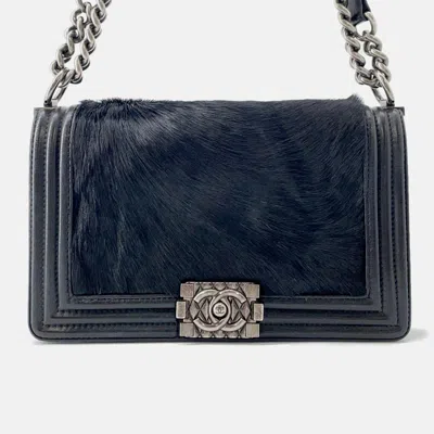 Pre-owned Chanel Chain Shoulder Bag Black Leather Fur Size 25