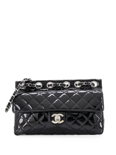 Pre-owned Chanel Chain Through Flap Bag Quilted Patent Medium Shoulder Bag In Black
