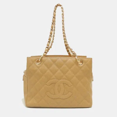 Pre-owned Chanel Chain Tote Bag A18004 Caviar Skin Camel