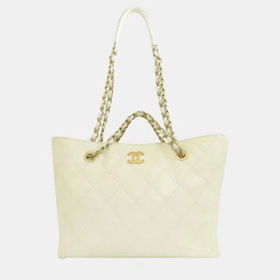 Pre-owned Chanel Chain Tote Bag Caviar Skin In White