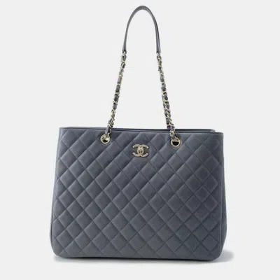 Pre-owned Chanel Chain Tote Bag Matelasse Coco Mark Large Caviar Skin In Gray