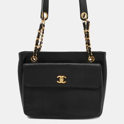 Pre-owned Chanel Chain Tote Bag With Coco Mark And Caviar Skin Black