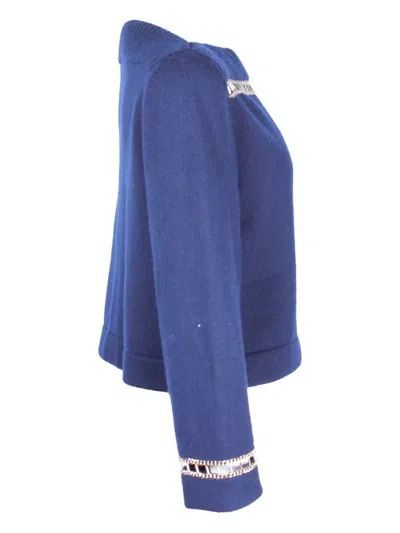 Pre-owned Chanel Chain-trimmed Boat-neck Sweater In Blue