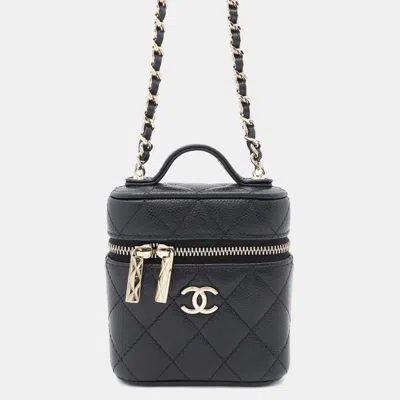 Pre-owned Chanel Chain Vanity Case Small Matelasse Coco Mark Caviar Skin Shoulder Pochette Black