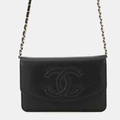 Pre-owned Chanel Chain Wallet Black Caviar Leather