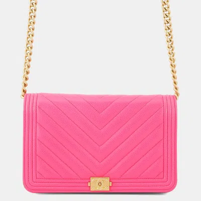Pre-owned Chanel Chain Wallet Boy Chevron Coco Mark V Stitch In Pink