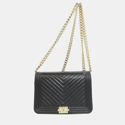 Pre-owned Chanel Chain Wallet Boy Long Caviar Skin In Black