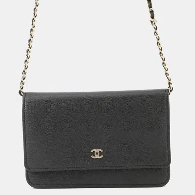 Pre-owned Chanel Chain Wallet Camellia Coco Mark Caviar Skin Black