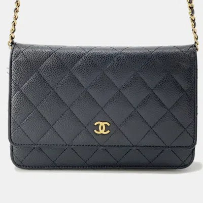 Pre-owned Chanel Chain Wallet Classic Matelasse Coco Mark Caviar Skin Black