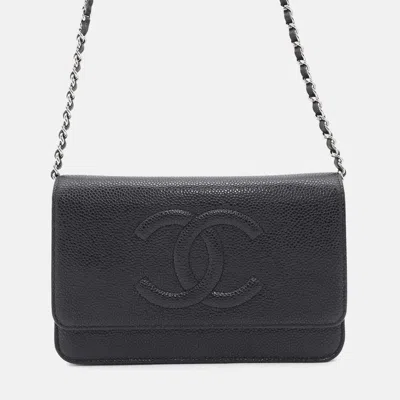 Pre-owned Chanel Chain Wallet Coco Mark Caviar Skin Shoulder Bag Black