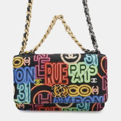 Pre-owned Chanel Chain Wallet Coco Mark Matelasse 19 Quilted Neon Print Fabric In Multi