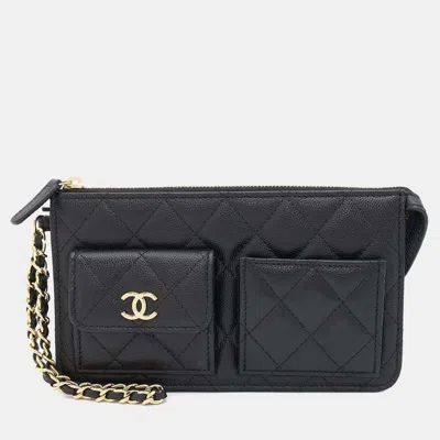 Pre-owned Chanel Chain Wallet Matelasse Coco Mark Caviar Skin Clutch Bag Black
