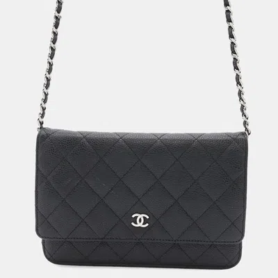 Pre-owned Chanel Chain Wallet Matelasse Coco Mark Caviar Skin Quilting Black