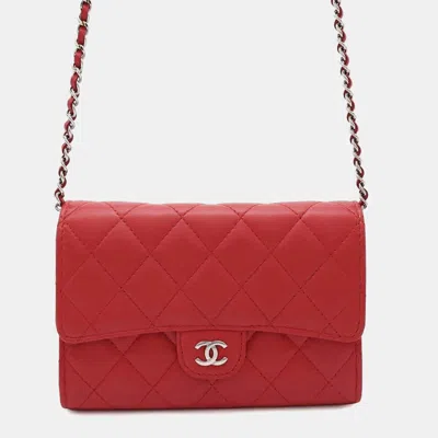 Pre-owned Chanel Chain Wallet Matelasse Coco Mark Lambskin In Red